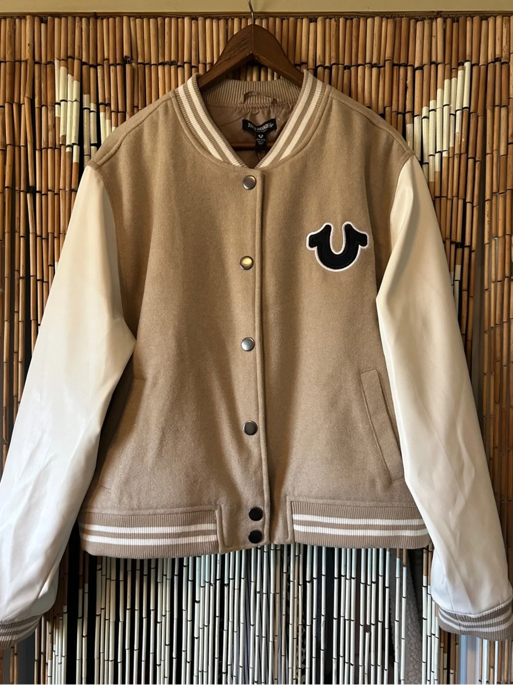 True Religion Tan and White Varsity Bomber Jacket